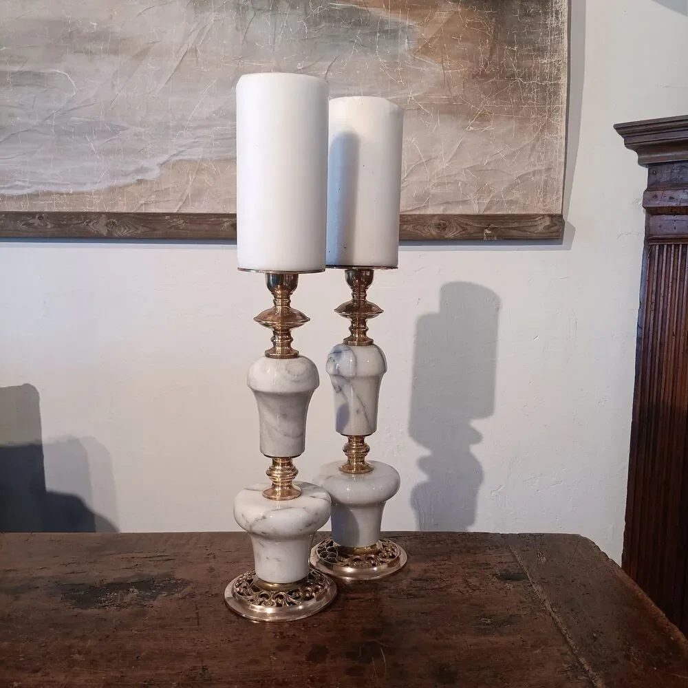 VTG 50-60's Marble and Brass Candle Holders Pair 2 MCM Hollywood Regency Italy